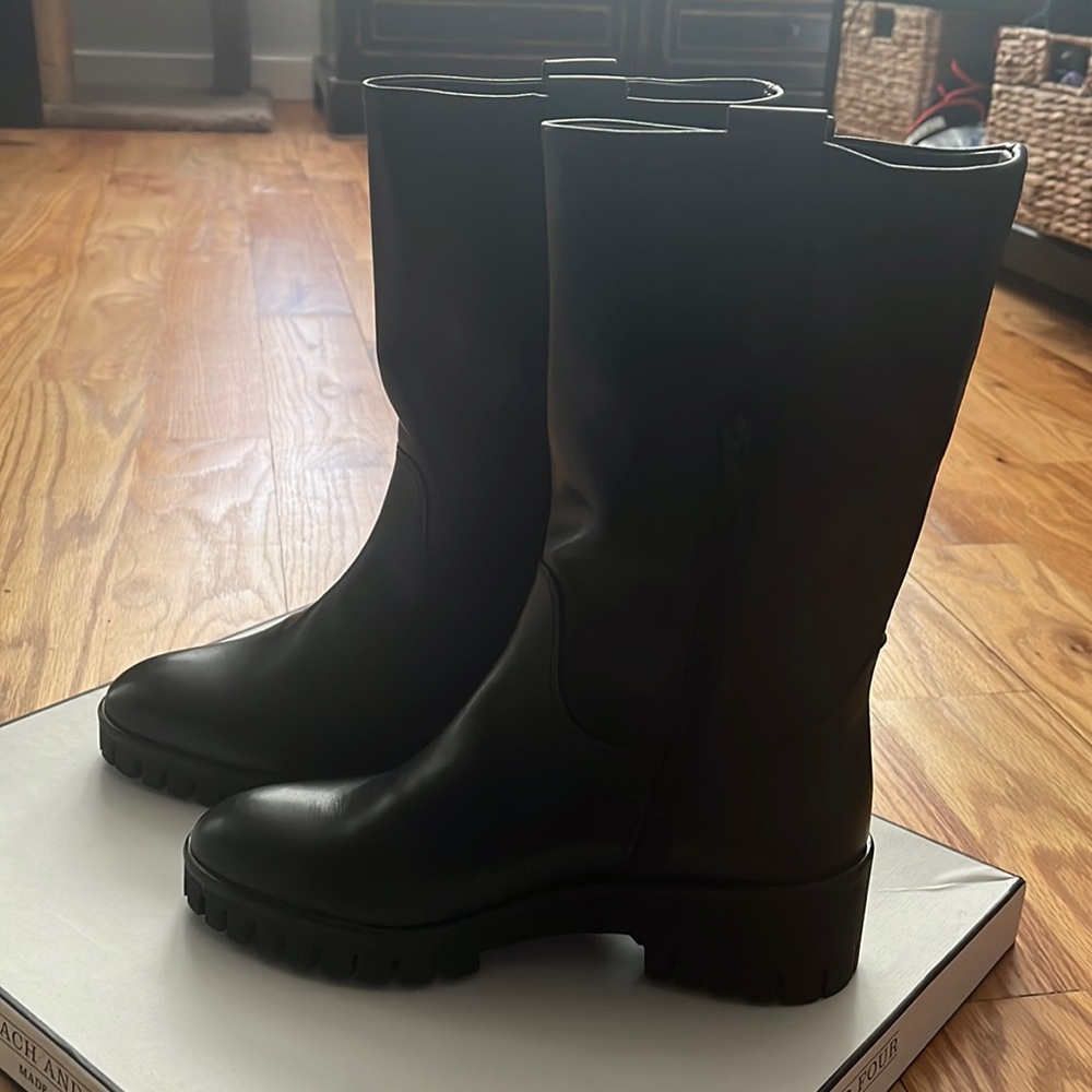 Coach and Four Lugg mid calf black boots fur lined